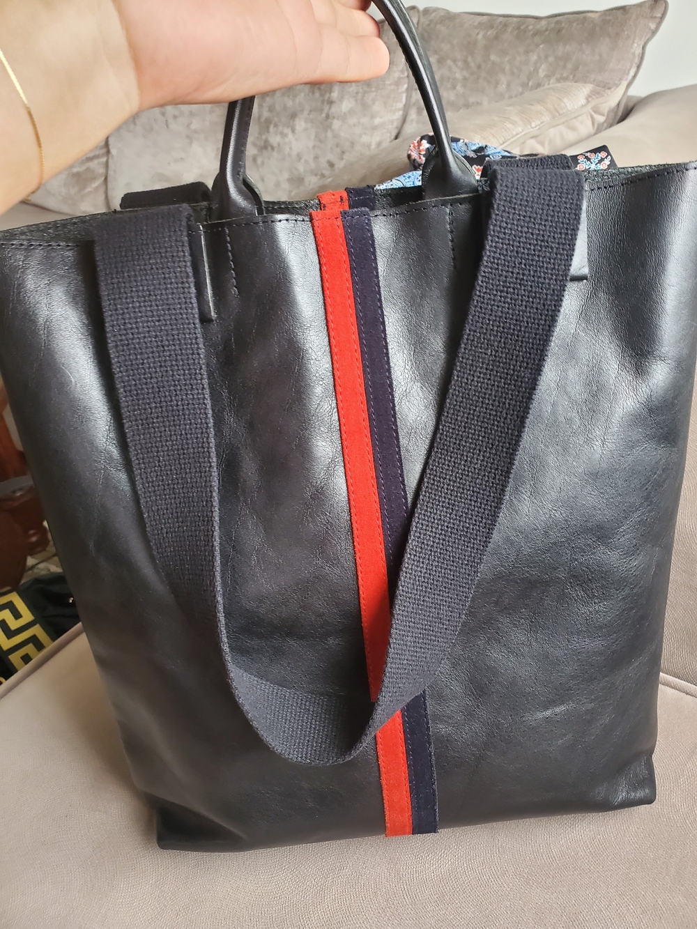 Clare V Black Leather Shoulder Tote with Red & Navy Center Stripe